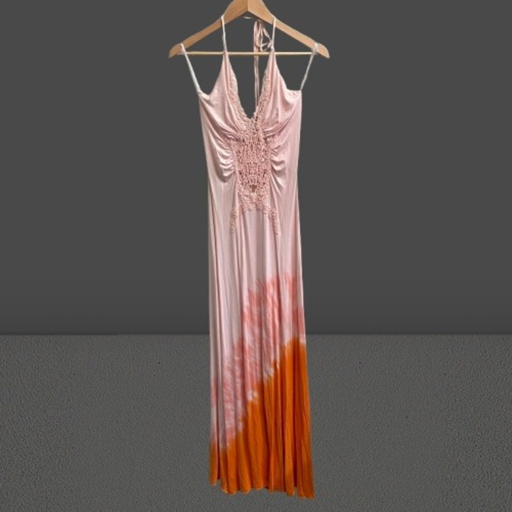 NEW Sky Maxi Dress Crochet Tie Die Halter Pink Orange Medium READ‎